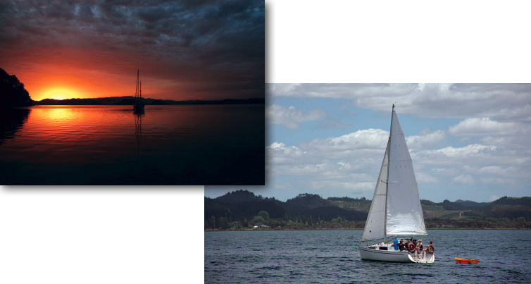 Sunset at Roberton Island (aka Motuarohia Island), at left, and another fellow sailor, below. Much of New Zealand was formed by volcanoes. Roberton Island, in particular, has a black and craggy Land Before Time volcanic beauty.