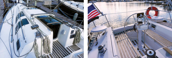 The recessed companionway and broad bridge deck, at left, became a recurring feature on the new generation of production sailboats. Another non-traditional styling feature is the black-tinted windows that wrap onto the coachroof above the portlights. The cockpit is comfortable and relatively deep, at right, and the helmsman can steer while seated on the cambered coaming. The inboard teak slats on the seats are grabrails.