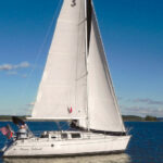 Jim and Jessica McCann sail their trendsetting Beneteau First 32s5, Down Island, on lakes in Kentucky and Tennessee, above.