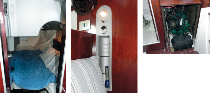 The berth in the aft stateroom extends under the cockpit, far left. Although it’s larger than a standard quarter berth, it’s not for the claustrophobic. The Starck influence is visible everywhere. A typical detail is the light fixture, near left, that has built-in stowage for small items. The Volvo diesel engine is behind the companionway stairs, above, where it is reasonably accessible.