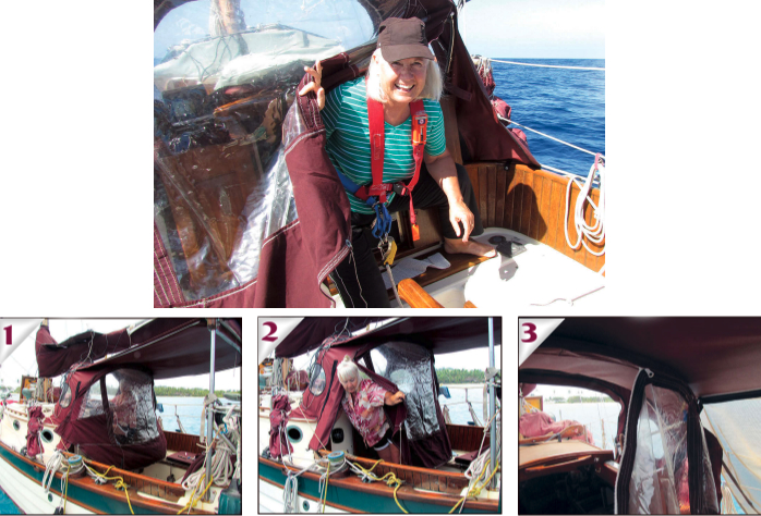 Ellen pops out of Entr’acte’s Bubble of Comfort to find the sun is shining, top of page. When closed (1), the Bubble protects the watchstander, sitting on the Maestro seat, from weather from aft. A swipe of the hand opens the side for a peep outside (2). The Bubble zips onto the dodger (3).