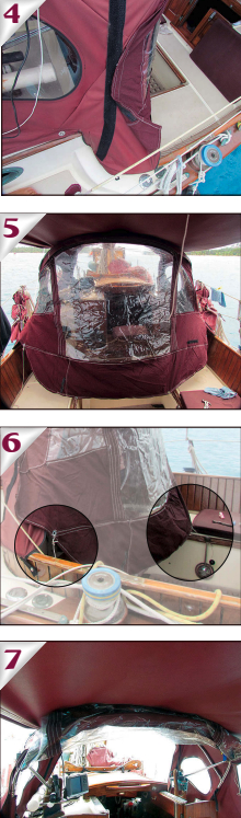The sides of the Bubble close with Velcro (4). When erected, the Bubble is almost round (5), held in shape by strings that tie the bottom skirt to hooks in the cockpit (6). To stow the Bubble, Ed and Ellen roll it up and stuff it between the dodger and the sunshade (7).