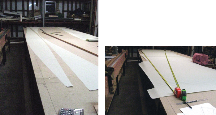 The panels of a junk sail of the type Annie made are joined together with lens-shaped pieces of fabric to give them camber, at left. When Annie was lofting the sails on the workbench by herself, at right, she used lead weights to hold down one end of each tape measure.