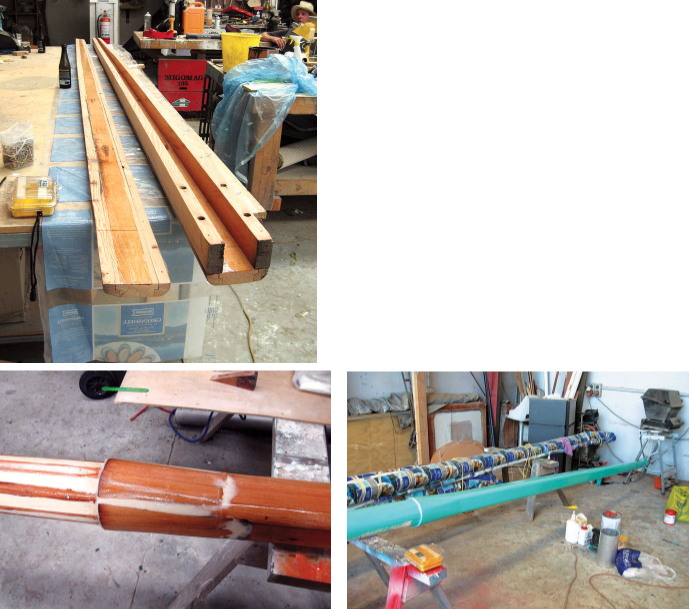 Annie built the upper part of the mast of Douglas fir, top of page. To make the butt of this topmast round to fit tightly into the aluminum bottom part, she built it up with wood and epoxy, at left. She built up a shoulder the same way. Painted her favorite color, the topmast is complete, at right.