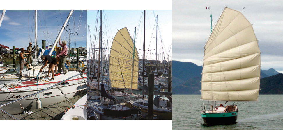 While a boat alongside took the weight on a halyard, Annie and her helpers coaxed the new mast through the partners, top of page. In a marina populated largely with Bermudan-rigged boats, the junk sail stood out, at left. Fantail spreads her wing and shows her new livery on Pelorus Sound, facing page.
