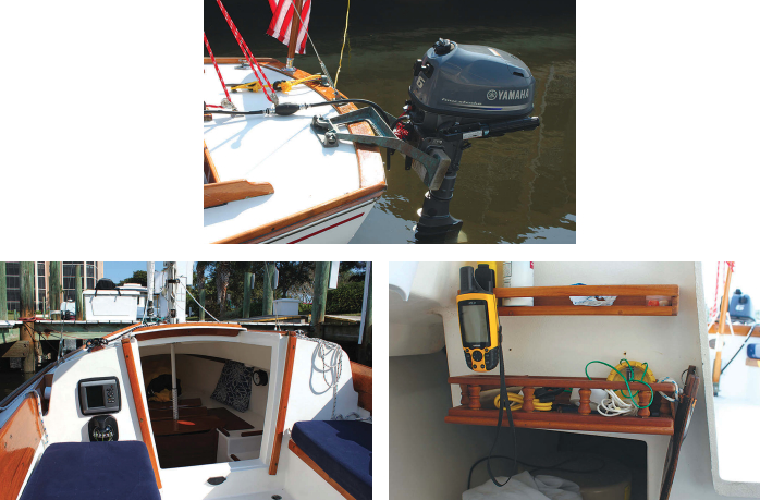 The Cape Dory Typhoon, facing page, has the gentle, flattish sheer favored by designer Carl Alberg as well as generous overhangs, low freeboard, and a full keel. Our review boat, John Bremer’s Weekender model, Misty, which he keeps in Fort Myers, has a robust deck-mounted cast-bronze articulating mount for the 6-horsepower outboard, above center. The Typhoon has just enough teak on deck that varnishing it is not too daunting, above left. The compression post in the cabin has been added to keep the deck from flexing. Just inside the companionway, above right, John installed shelves to stow a few essential items, like a hand-bearing compass, GPS, and knife.