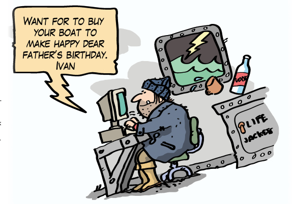 Illustration of Ivan sending an email from a ship