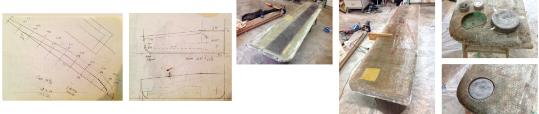 John did some interim rough shaping, far left, before laying up the final skins, after which he checked the thickness with a plywood gauge, at left. The Kevlar reinforces the hinge-pin area. Roving whiskers help secure the ballast, at top (the extra slugs go in a recess). He set the ballast in a resin syrup, above, then glassed over it.