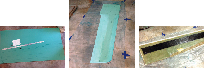 For his calculations, John drew a diagram of the airfoil using a 2x scale for thickness and a 1⁄2x scale for width, top left. On the profile view, top right, he marked how he would cut the foam core to allow for the laminate thickness. He drew it on the foam, above left, then cut the foam and contoured it, above center. The first laminates included carbon fiber (black) and Kevlar (yellow), above right.