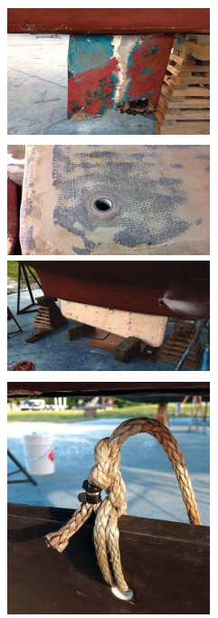 With the boat hauled and blocked, at top, John removed the stub of the broken board to use as a pattern for locating the tube for the pivot pin, above. He then test-fitted the new board, below. Dyneema does not hold knots well, so John tied in the pendant with an anchor hitch/bowline variant and seized the bitter end with wire ties, at bottom.