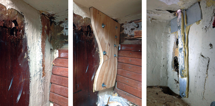 The other side of the bulkhead revealed the extent of the rot. It had been shoddily repaired at some time, at left. John and his friend shored up the bulkhead with a piece of plywood butted up against the deck, center. They added bearing area to the chainplate with aluminum strips, at right, coated all the mating surfaces with Liquid Nails, and bolted the chainplate through the bulkhead and its buttress. Dirty, yes, but effective.