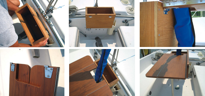 The condiment box attaches to the cockpit bulkhead with pintle-and-gudgeon-style brackets, above left, where it is clear of the tiller, above center. The tabletop attaches to the box with half hinges, visible above center, above right, and below left, with the tiller in its vertical position. The opening for the tiller in the tabletop is wide enough to allow the table to be slipped onto the hinge mounts, below center. The hinged wings allow the 24- x 36-inch table to fold to 12 x 36 inches for convenience and ease of storage, below right.