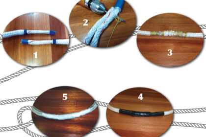 1. Ferman taped and pulled back the outer sheath, exposing the core. 2. He sewed the two core pieces together with two runs (i.e., up and back). 3. He whipped the ends and middle tightly. 4. Ferman discovered that covering the connection with 1⁄2-inch heat-shrink tubing resulted in a stiff section of line. 5. Wrapping with silicone Stretch & Seal tape gave him the more flexible result he needed for use with his furler.
