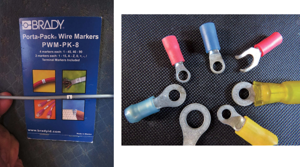 Adhesive-backed labels, at left, are very useful for identifying electrical circuits. Crimp-on ring or captive-spade terminals, above, make the best connections as long as a good quality crimping tool is used.