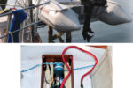 Manually hoisting the dinghy and outboard motor with a combined weight of about 160 pounds in the davits, at top, was laborious and time-consuming. By adapting an electric winch to wind two lines simultaneously, above, Roger made the task a one-finger exercise.
