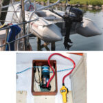 Manually hoisting the dinghy and outboard motor with a combined weight of about 160 pounds in the davits, at top, was laborious and time-consuming. By adapting an electric winch to wind two lines simultaneously, above, Roger made the task a one-finger exercise.