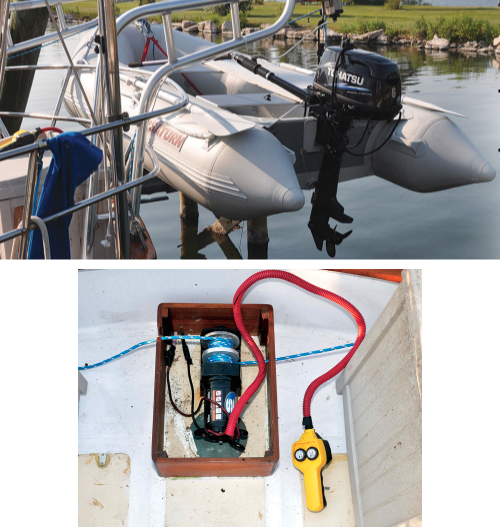 Manually hoisting the dinghy and outboard motor with a combined weight of about 160 pounds in the davits, at top, was laborious and time-consuming. By adapting an electric winch to wind two lines simultaneously, above, Roger made the task a one-finger exercise.