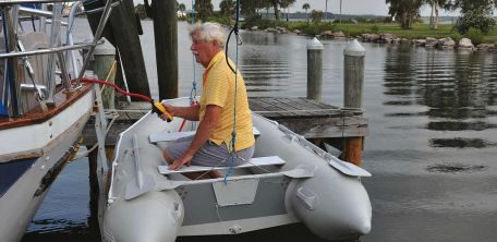 Installing the winch motor has transformed the way Roger uses the davits. Raising and lowering the dinghy is now a sit-down task for one person — in the right conditions.