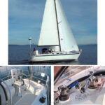 Joseph Charnes sails his Ericson 34, Aurora, on and around Puget Sound, mostly singlehanded, top of page. In an unusual feature in the spacious T-shaped cockpit, at left, the cockpit sole in the helm area is slightly elevated and surrounded by a moat that collects and discharges water. All the sail control lines are led aft, making the cabintop either side of the companionway a busy place, at right.