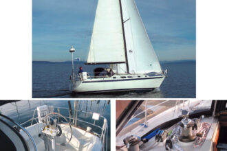 Joseph Charnes sails his Ericson 34, Aurora, on and around Puget Sound, mostly singlehanded, top of page. In an unusual feature in the spacious T-shaped cockpit, at left, the cockpit sole in the helm area is slightly elevated and surrounded by a moat that collects and discharges water. All the sail control lines are led aft, making the cabintop either side of the companionway a busy place, at right.