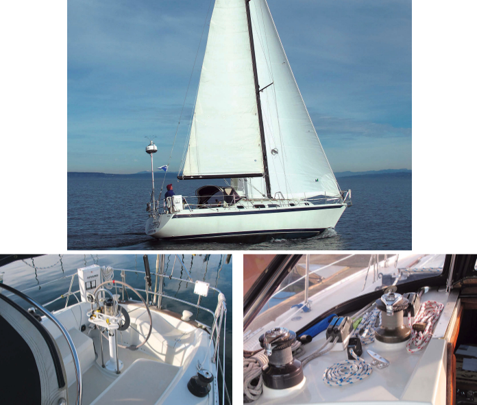 Joseph Charnes sails his Ericson 34, Aurora, on and around Puget Sound, mostly singlehanded, top of page. In an unusual feature in the spacious T-shaped cockpit, at left, the cockpit sole in the helm area is slightly elevated and surrounded by a moat that collects and discharges water. All the sail control lines are led aft, making the cabintop either side of the companionway a busy place, at right.