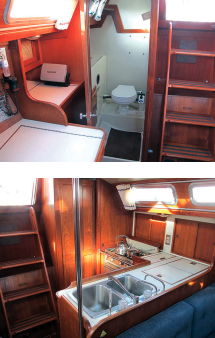 The head is tucked aft of the companionway on the starboard side, at top. The L-shaped galley, above, has a double sink, icebox, and CNG stove. An aft cabin is behind the door next to the galley.