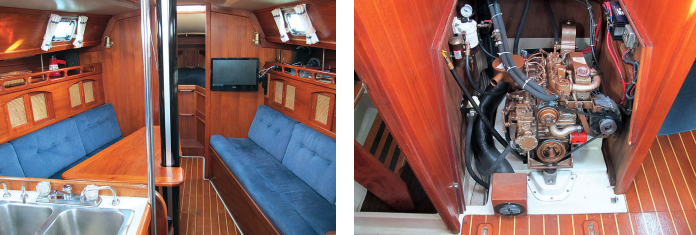 The view forward from the companionway, at left, reveals that the saloon is a little more forward than is conventional, due to the head and a decent cabin being located aft. Access to the engine is reasonably good, at right, but some owners would like a few more horses.