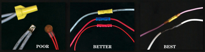 Wire nuts and household-type crimp connections are not suitable for splicing wires together on a boat, at left. Marine-grade crimp butt connectors make a better and more reliable splice, center, but the best ways to join two wires, at right, are with a crimp butt connector sealed with heat-shrink insulation (upper wire) or a soldered connection sealed with marine-grade heat-shrink tubing (lower wire).