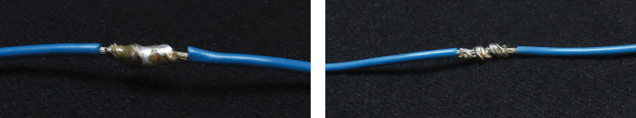 A joint with too much solder looks bulky, above. If the joint has too little solder, the strands of the wire are clearly visible, above right. Both joints need to be redone.