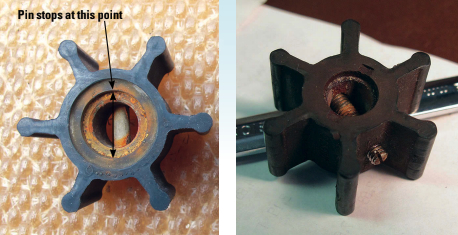 In the new style of water-pump impeller, far left, the retaining pin does not extend past the metal hub. In the old design, near left, the pin passes completely through the body of the impeller to hold it captive.