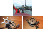 Ellen expresses glee and relief at Entr’acte’s arrival in Paris, at top. On the way, the engine had overheated frequently due to a damaged impeller in the raw-water pump, above. The center hub, which held the pin that engaged the drive shaft, broke loose — but gradually.