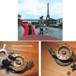 Ellen expresses glee and relief at Entr’acte’s arrival in Paris, at top. On the way, the engine had overheated frequently due to a damaged impeller in the raw-water pump, above. The center hub, which held the pin that engaged the drive shaft, broke loose — but gradually.