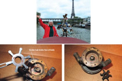 Ellen expresses glee and relief at Entr’acte’s arrival in Paris, at top. On the way, the engine had overheated frequently due to a damaged impeller in the raw-water pump, above. The center hub, which held the pin that engaged the drive shaft, broke loose — but gradually.