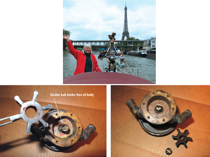 Ellen expresses glee and relief at Entr’acte’s arrival in Paris, at top. On the way, the engine had overheated frequently due to a damaged impeller in the raw-water pump, above. The center hub, which held the pin that engaged the drive shaft, broke loose — but gradually.