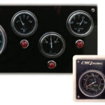 Time had taken its toll on the original engine instrument panel on John’s 1979-vintage boat, inset above, so he made a new one with telltale lights as an extra feature, main photo.