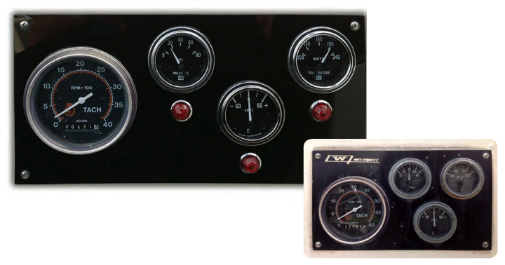 Time had taken its toll on the original engine instrument panel on John’s 1979-vintage boat, inset above, so he made a new one with telltale lights as an extra feature, main photo.
