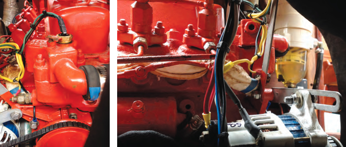 John was able to use a pre-tapped hole in the thermostat housing to fit the sensor for the temperature warning light (green and black wires), at left. The ammeter and the tachometer are wired to the alternator, at right.