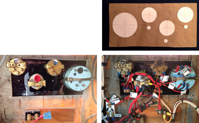 John made a pattern for the layout of his new engine panel, top right, then transferred the centers of the compents to a sheet of black acrylic. He assembled the gauges and lamps onto the acrylic and installed the panel, at left, then connected, labeled, and tidied up the wiring, at right.