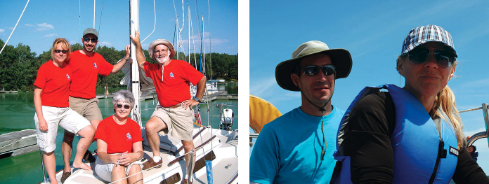 Lisa became smitten with sailing aboard Linda Lark, an O’Day 23, during the 2008 Dam Race, at left. The crew was Lisa and her husband, Kevin, standing at left, and Curt and Linda Frost, Kevin’s parents. Kevin and Lisa, at right, now sail their own boat, Escape, a Tartan 30.