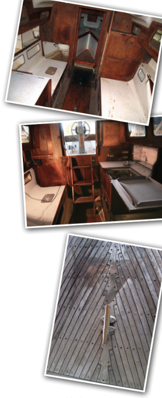 Finisterre’s interior, top two photos, has acquired what might be called a patina of gentle aging. A few hours with sandpaper and a varnish brush would restore the Cheoy Lee teak to its original luster. After 44 years of weather and use, her teak deck, above, is missing a few bungs.