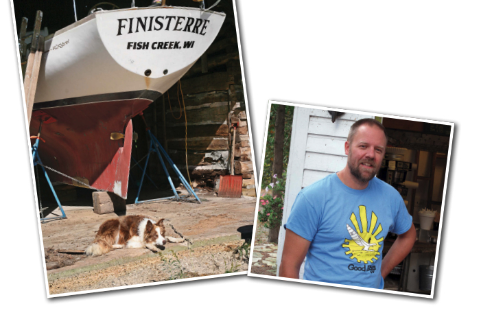 While Jack, the family dog, soaks up the sun under Finisterre’s stern, at left, Joel Bremer, below, works on board restoring her to sailing condition.