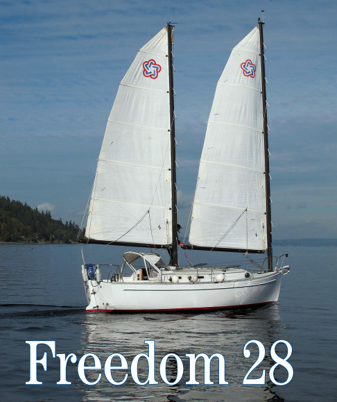 Tom Curley tends lines on the cabintop of his Freedom 28, Catnip, as she sails herself under her cat ketch rig, a trait that makes her very adaptable to singlehanded sailing.