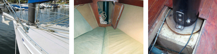 The mainmast is stepped through the foredeck, at left, leaving very little room for the anchor and associated hardware, not to mention working crew. It almost fills the forepeak, center, but there’s room for an anchor rode. The mizzenmast is bolted to its step under the saloon sole, at right.
