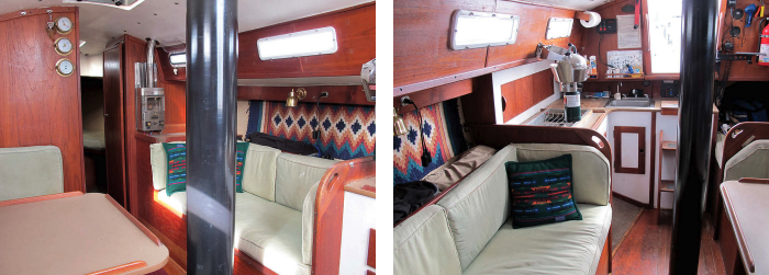 Two versions of the Freedom 28 were built. Catnip is the one without the centerboard, which makes the saloon more open, at left, and places the head forward. The mizzenmast is prominent but does not interfere with use of the galley, at right. The quarter berth is visible on the port side.