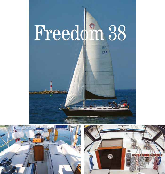 Her Diamond, at top, owned by Bob and Sheila Allenick, shows off the Freedom 38’s unconventional rig with its large, full-battened mainsail and small self-tending jib set on a CamberSpar. The cockpit is spacious and comfortable, at left. With the companionway offset to port, at right, all the sail control lines lead to just two winches on the starboard cabintop, where they are neatly retained on the bulkhead.