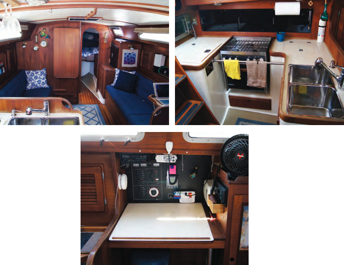 The interior of the Freedom 38 is nicely finished: bulkheads are teak-veneered plywood and most of the joinerwork is solid teak. The layout is straightforward with settees port and starboard and a bulkhead-mounted dining table in the saloon, at left. The galley, at right, is nice and snug for cooking under way and has a stainless-steel bar to keep the cook from falling onto the stove. At 38 feet, there is room for a proper navigation station, below, with a large desk surface for laying out charts and instruments and the electrical panel within easy reach.