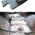The original mast step was in dire shape, top of page, as the result of years in contact with stainless-steel keel bolts. The G-10 replacement, while not pretty after two years in the bilge, is still intact, at left.