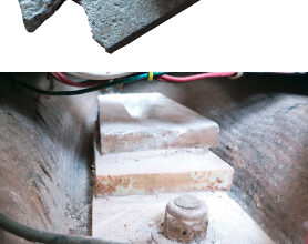 The original mast step was in dire shape, top of page, as the result of years in contact with stainless-steel keel bolts. The G-10 replacement, while not pretty after two years in the bilge, is still intact, at left.