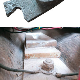 The original mast step was in dire shape, top of page, as the result of years in contact with stainless-steel keel bolts. The G-10 replacement, while not pretty after two years in the bilge, is still intact, at left.