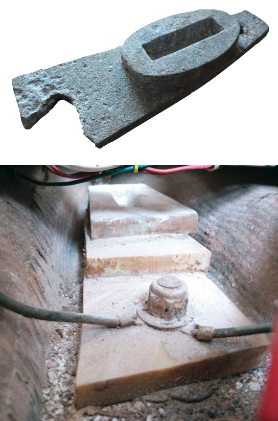 The original mast step was in dire shape, top of page, as the result of years in contact with stainless-steel keel bolts. The G-10 replacement, while not pretty after two years in the bilge, is still intact, at left.